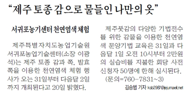 제주 토종감으로 물들인 나만의 옷 [제주매일-2015.7.21.]