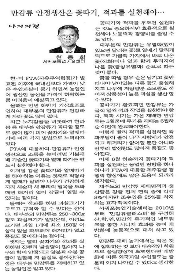 직원기고-만감류 안정 생산은 꽃따기,적과를 실천해야(제주매일.2013.05.15)